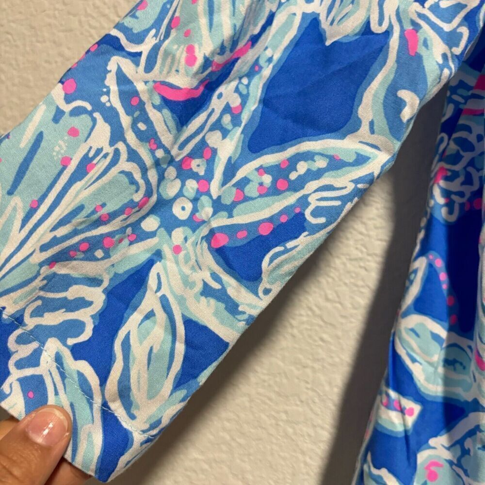 Lilly Pulitzer Tunic Blouse Top Blue L Long Sleeve V Neck 100% Rayon Floral - Picture 7 of 11